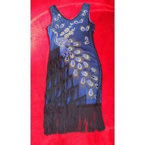 Peacock Sequins & Fringe Flapper Style Dress Size 8